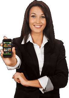 Smiling woman holding up a phone with the Springbok mobile casino on screen